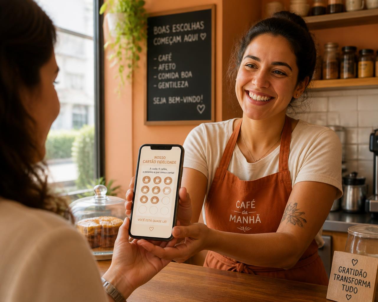 Lojista mostrando o cartão fidelidade digital no celular para uma cliente